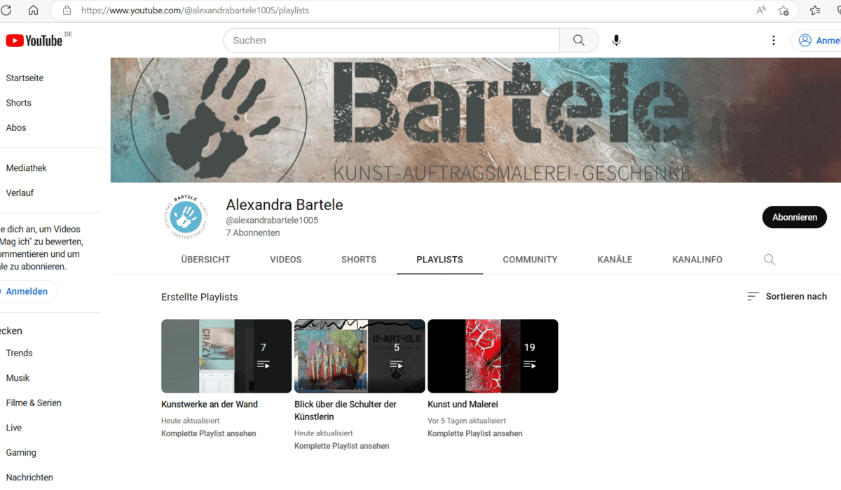 Playlists auf Youtube Kanal von Künstlerin Alexandra Bartele